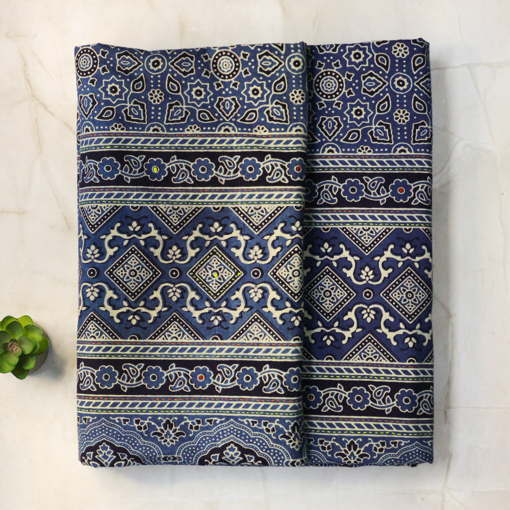 Handcrafted Ajrakh Print Double Bedcover - Blue