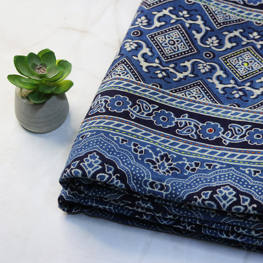 Handcrafted Ajrakh Print Double Bedcover - Blue