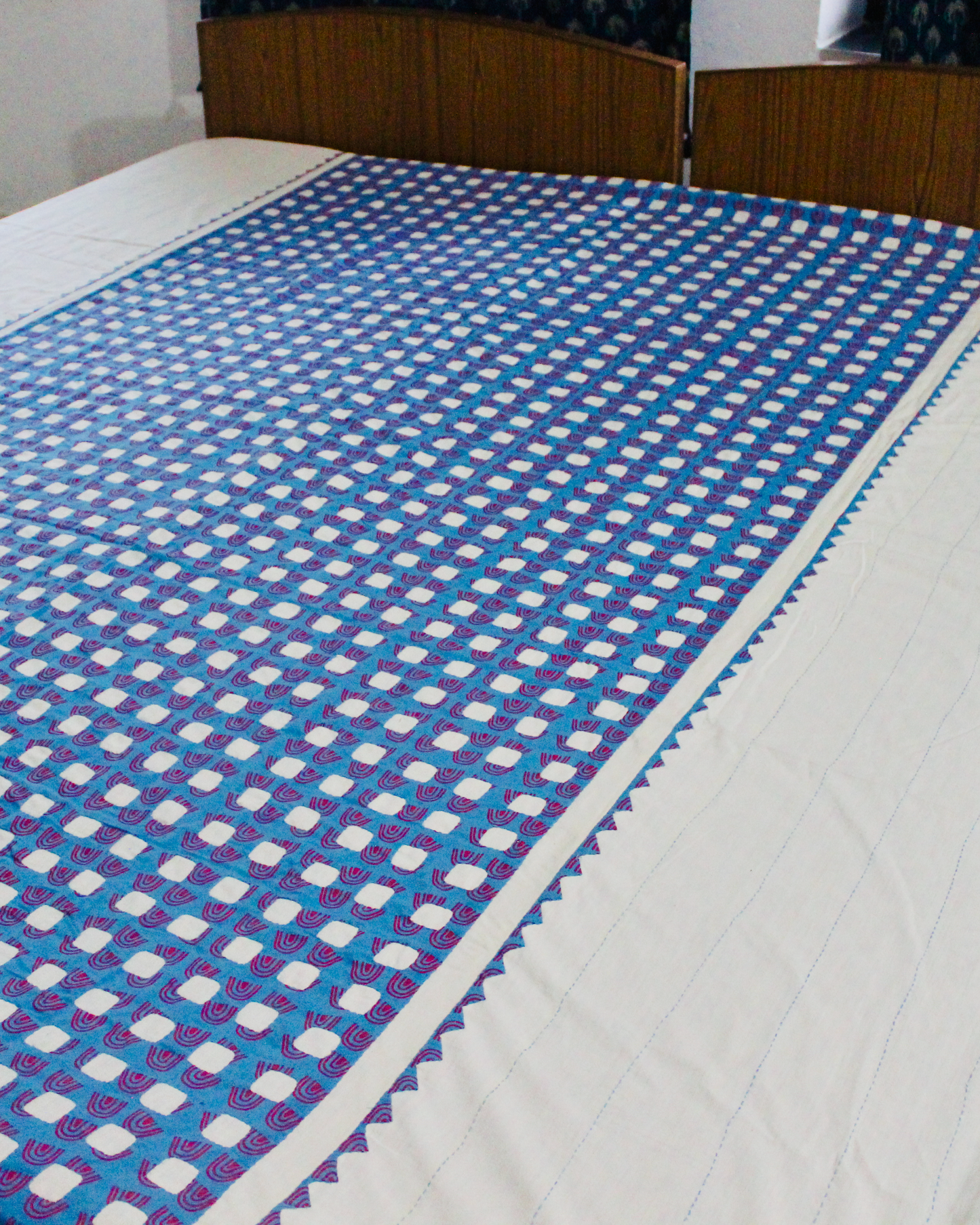 Square Pattern Applique Work Bedcover - Blue