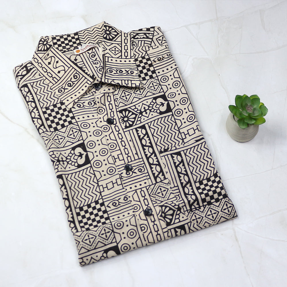 Ajrakh-Inspired Block Print Shirt – White Base with Striking Black Motifs