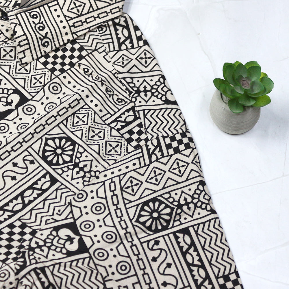 Ajrakh-Inspired Block Print Shirt – White Base with Striking Black Motifs