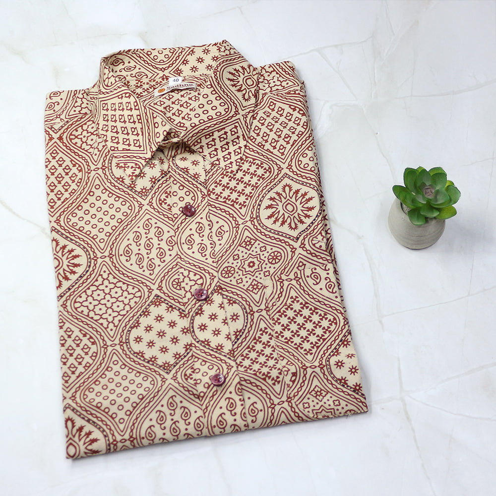 Ajrakh-Inspired Block Print Shirt - Beige