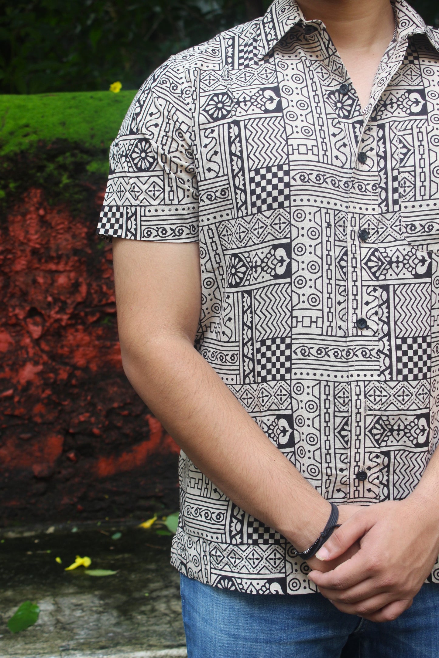 Ajrakh-Inspired Block Print Shirt – White Base with Striking Black Motifs