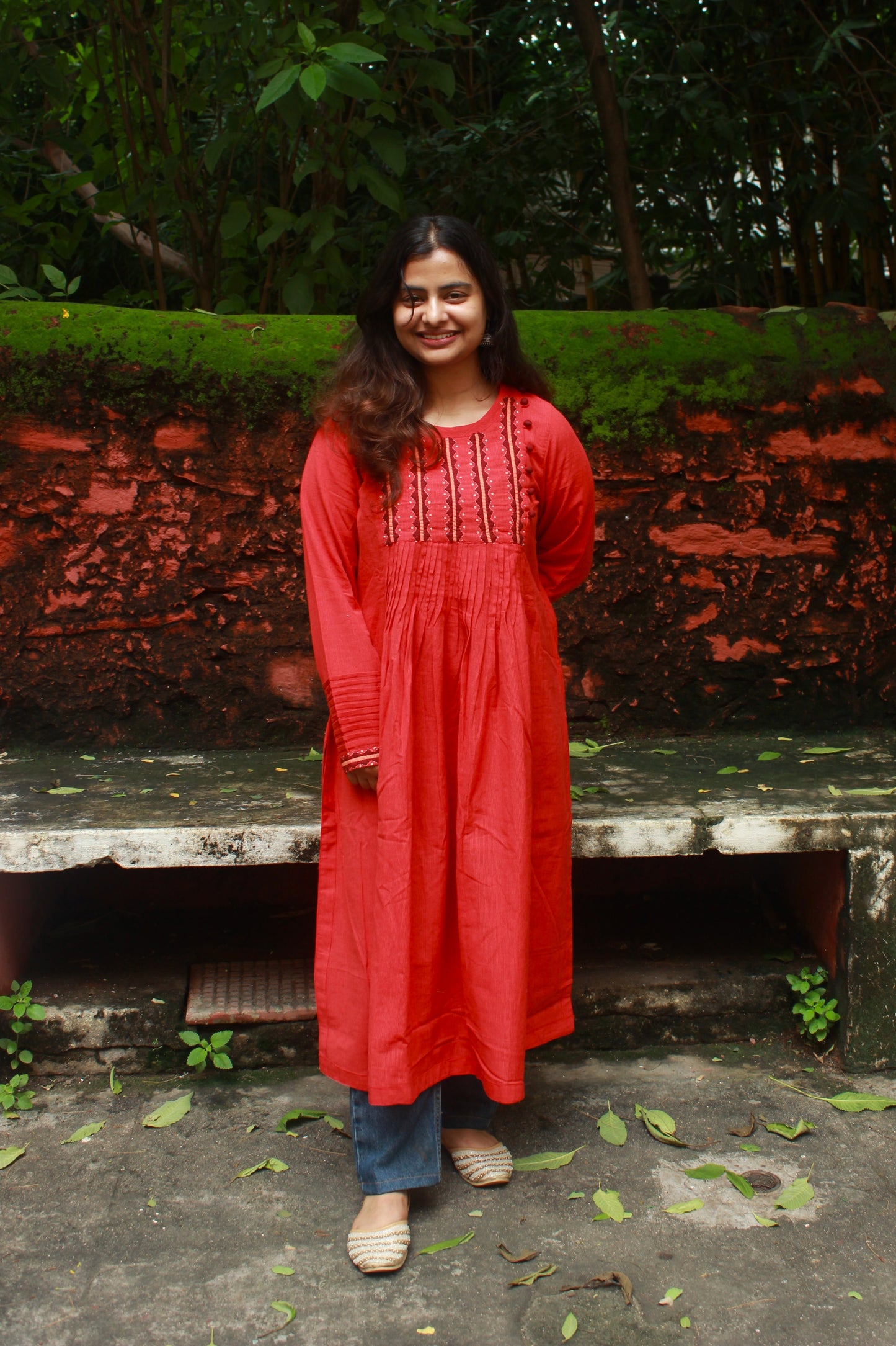 Graceful Threads Pintuck Appliqué Cotton Kurta - Orange