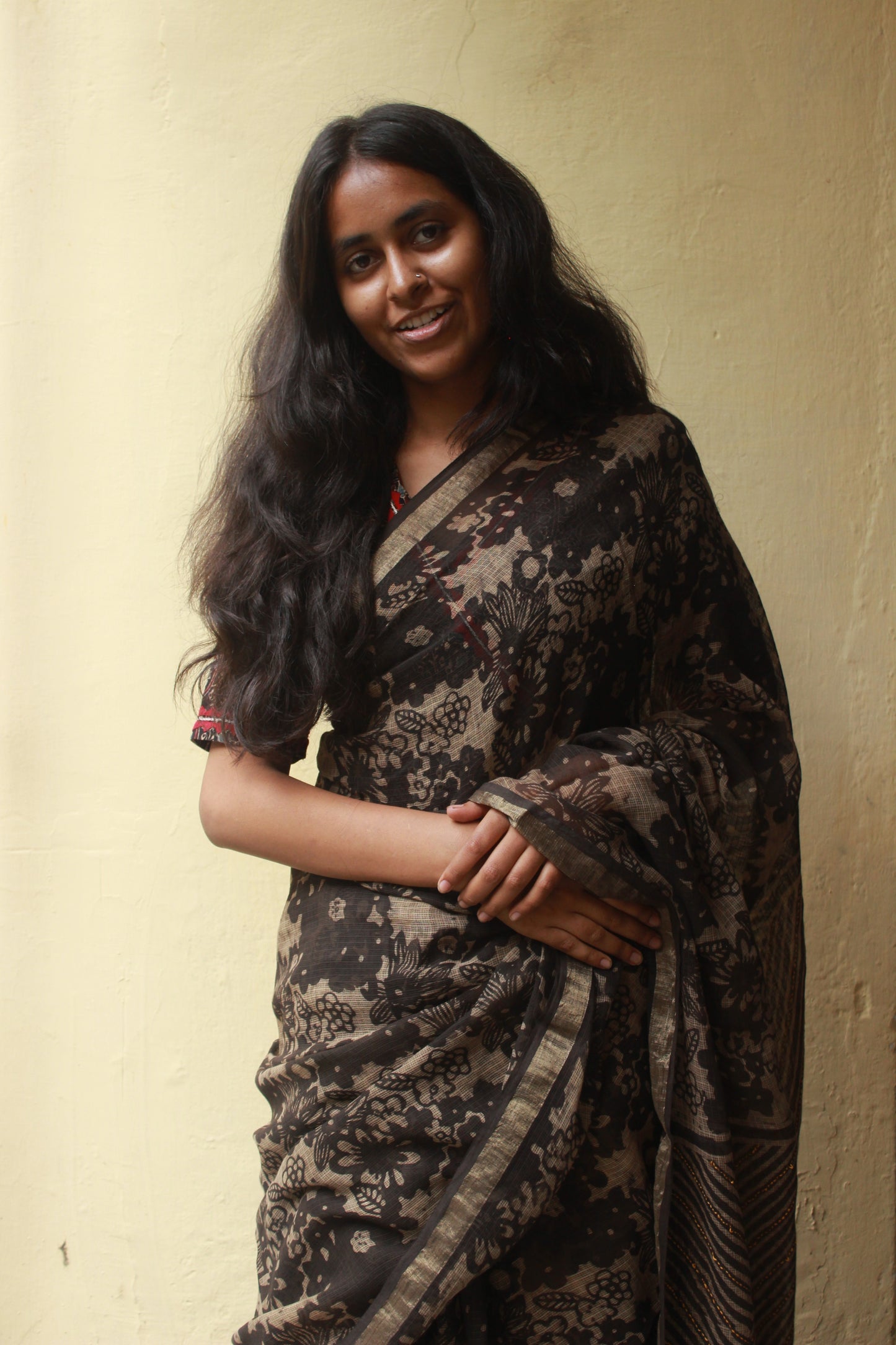Floral Block Print Saree with Zari