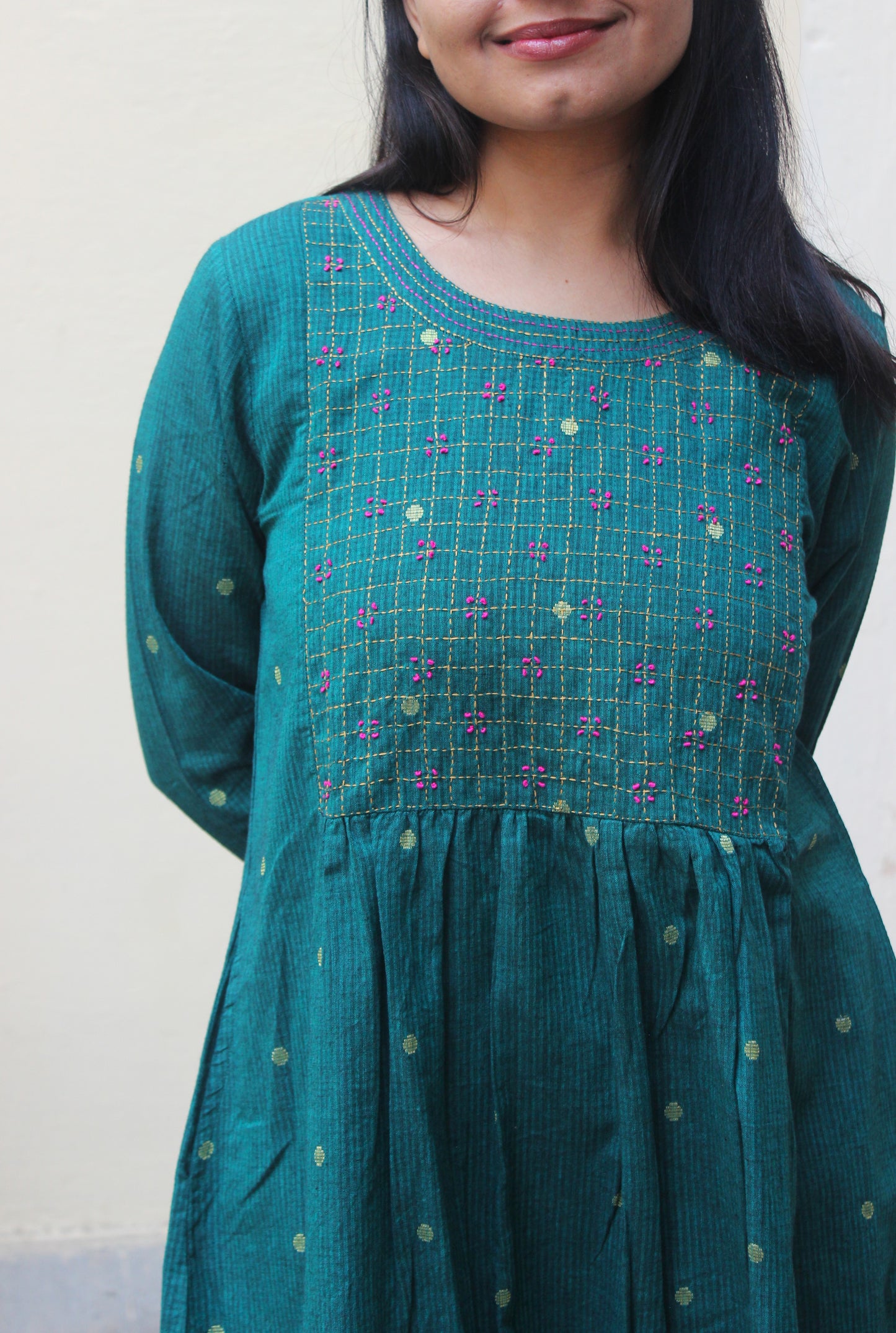 Cotton Hand embroidered Golden Buti Kurta - Turquoise