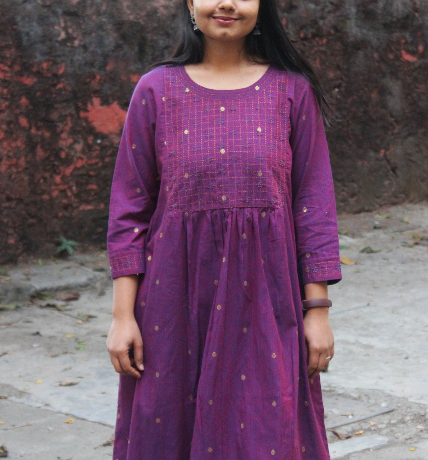 Cotton Hand embroidered Golden Buti Kurta - Magenta