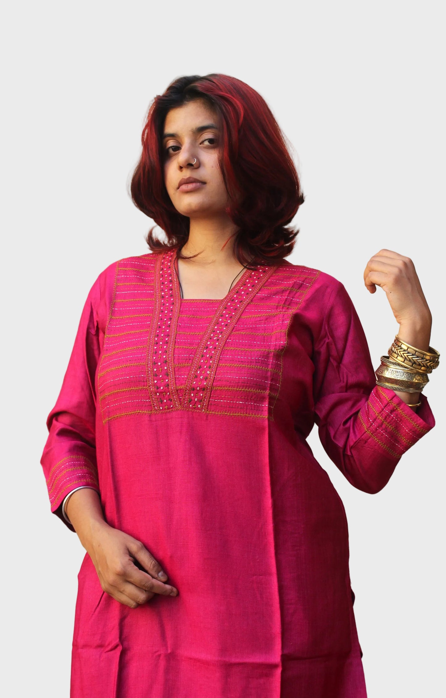 rani pink silk kurta with hand embroidery