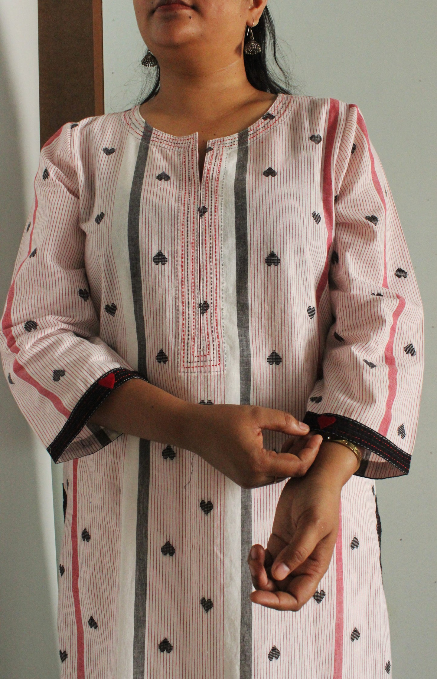 White Striped Cotton Kurta with Heart Motifs