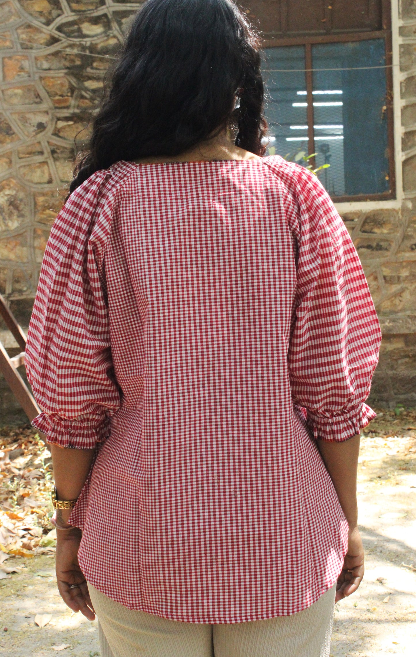 Pink & White Gingham Peplum Top