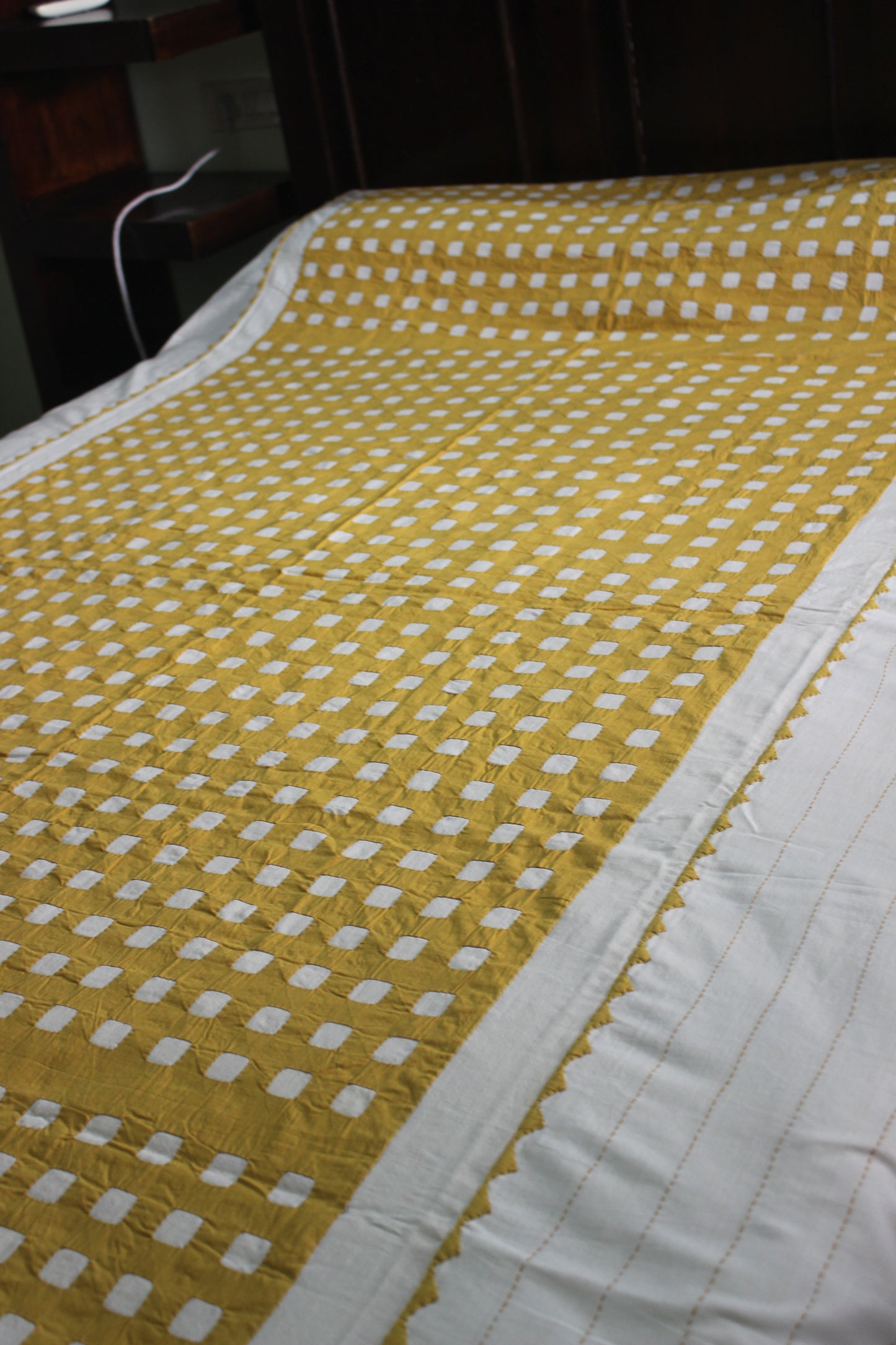 Square Pattern Applique Work Bedcover - Dark Yellow