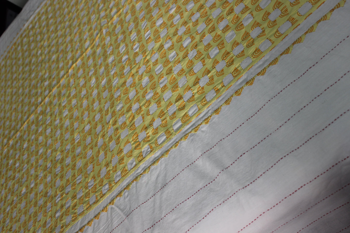 Square Pattern Applique Work Bedcover - Yellow Mustard