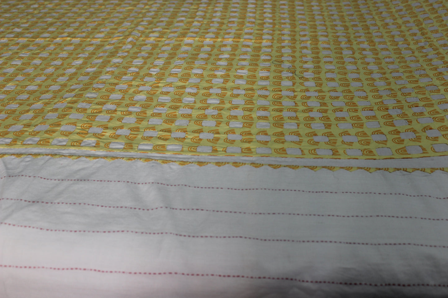 Square Pattern Applique Work Bedcover - Yellow Mustard
