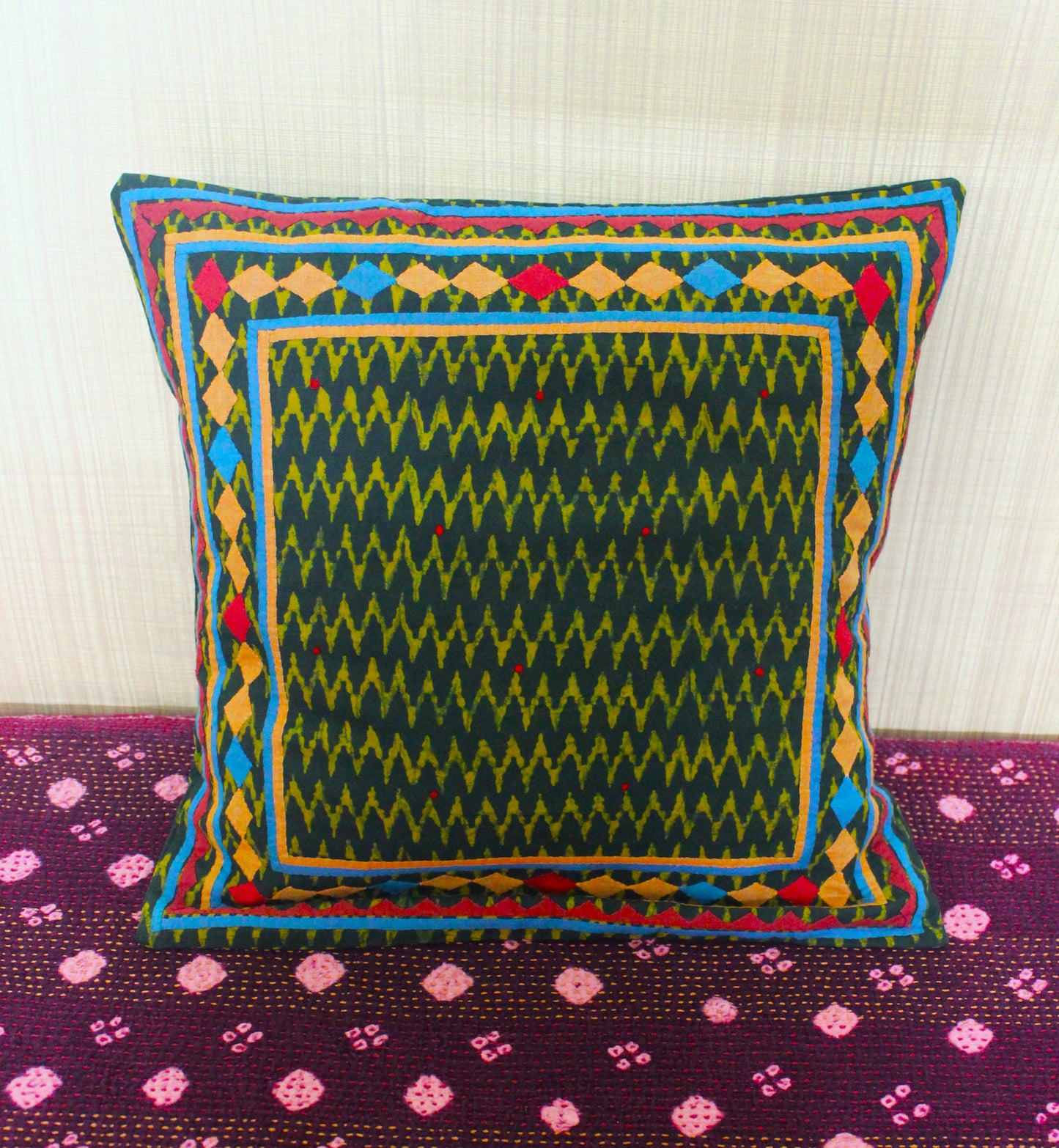 Block Printed Applique Cushion Cover - Green