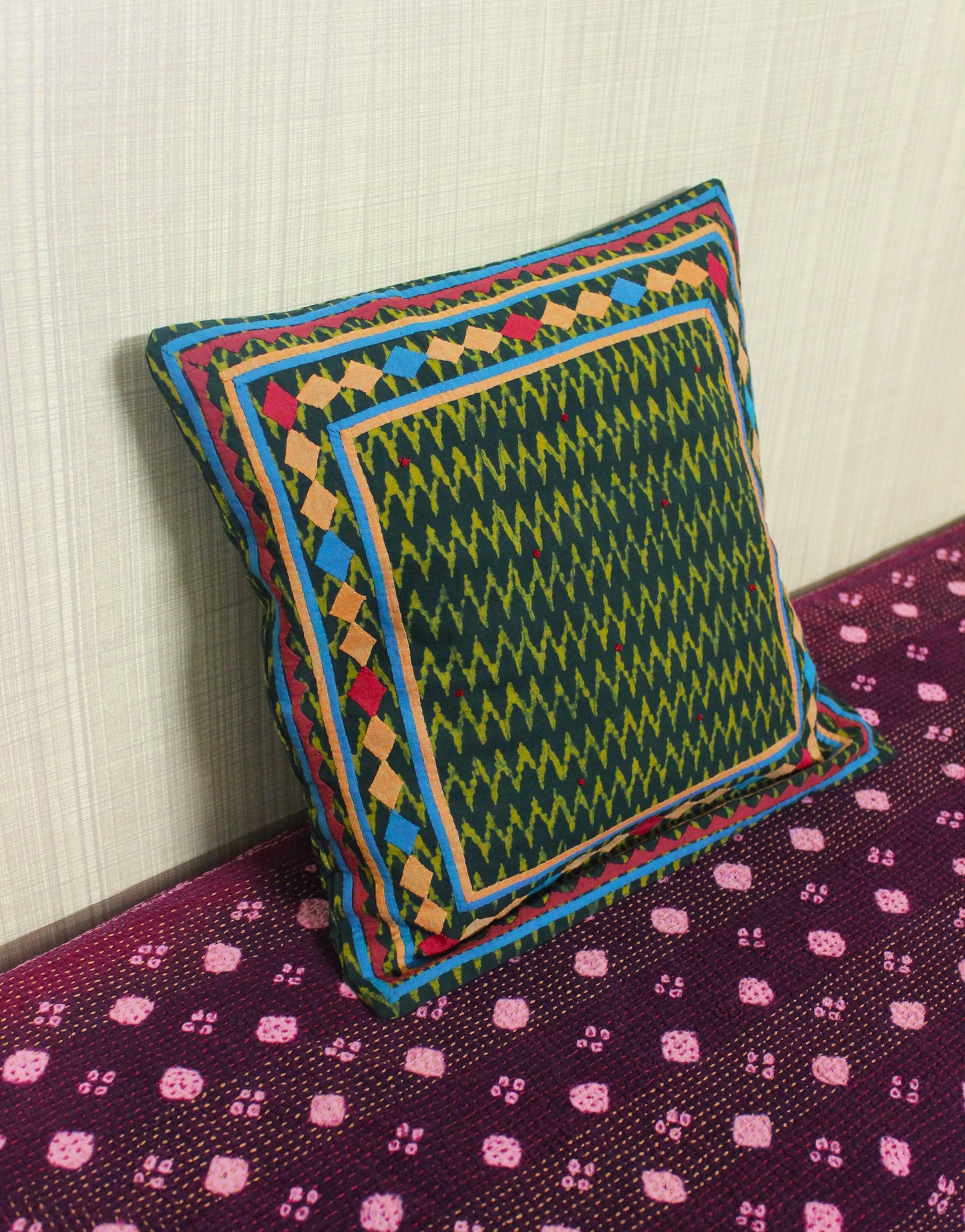 Block Printed Applique Cushion Cover - Green