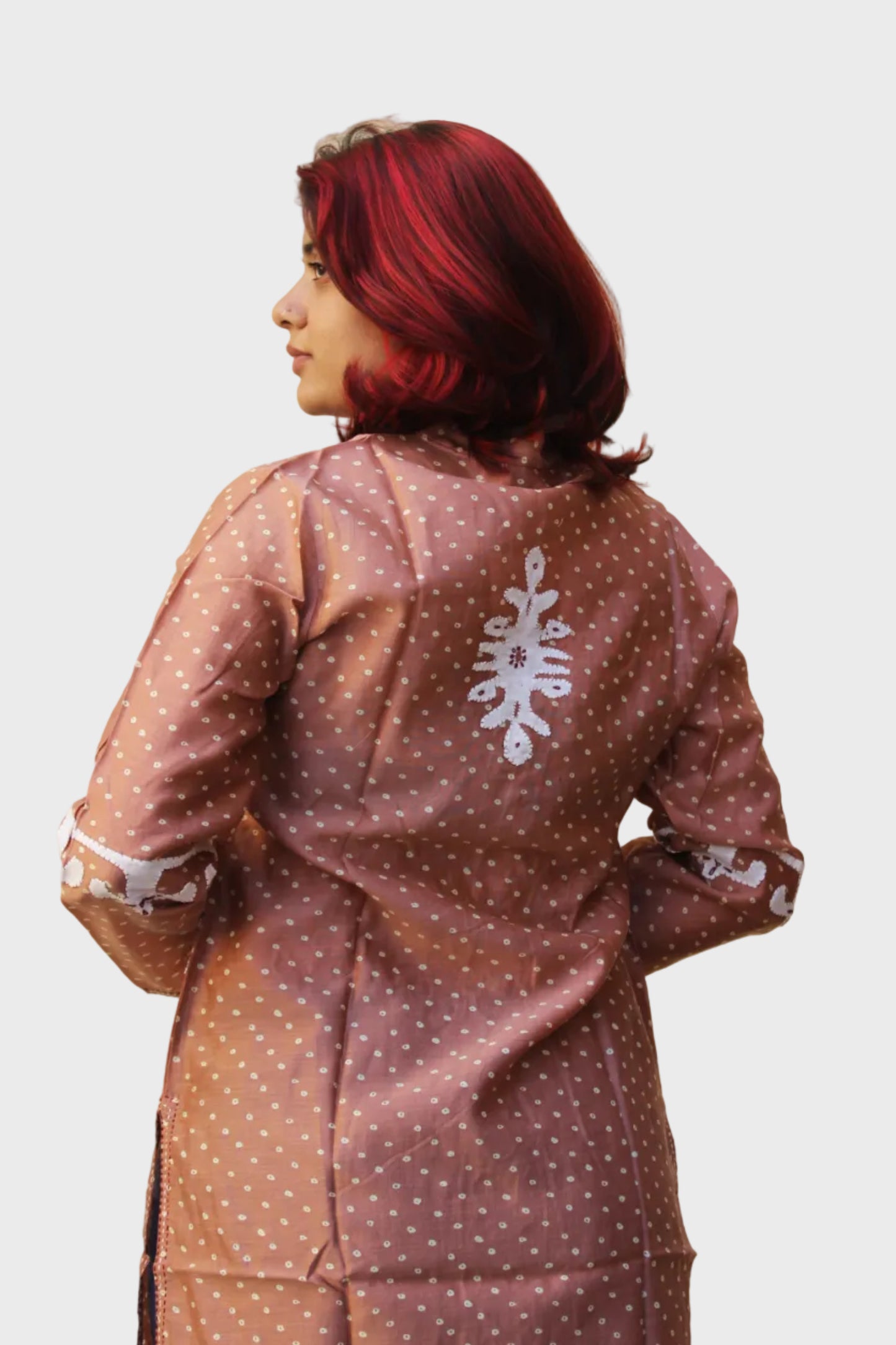 chanderi cotton bandhani kurta with applique work