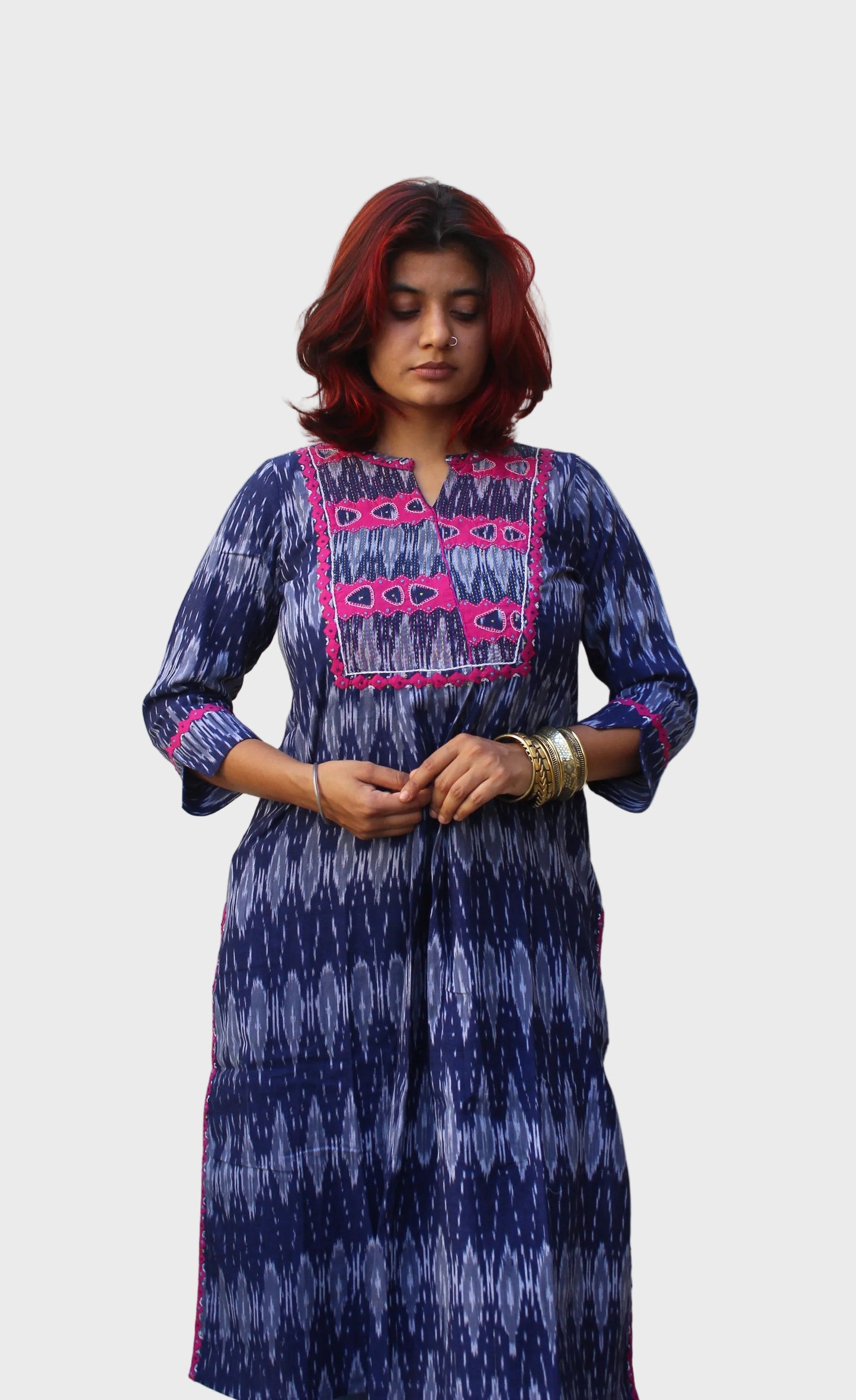 handcrafted Ikkat cotton kurta with appliqué detailing