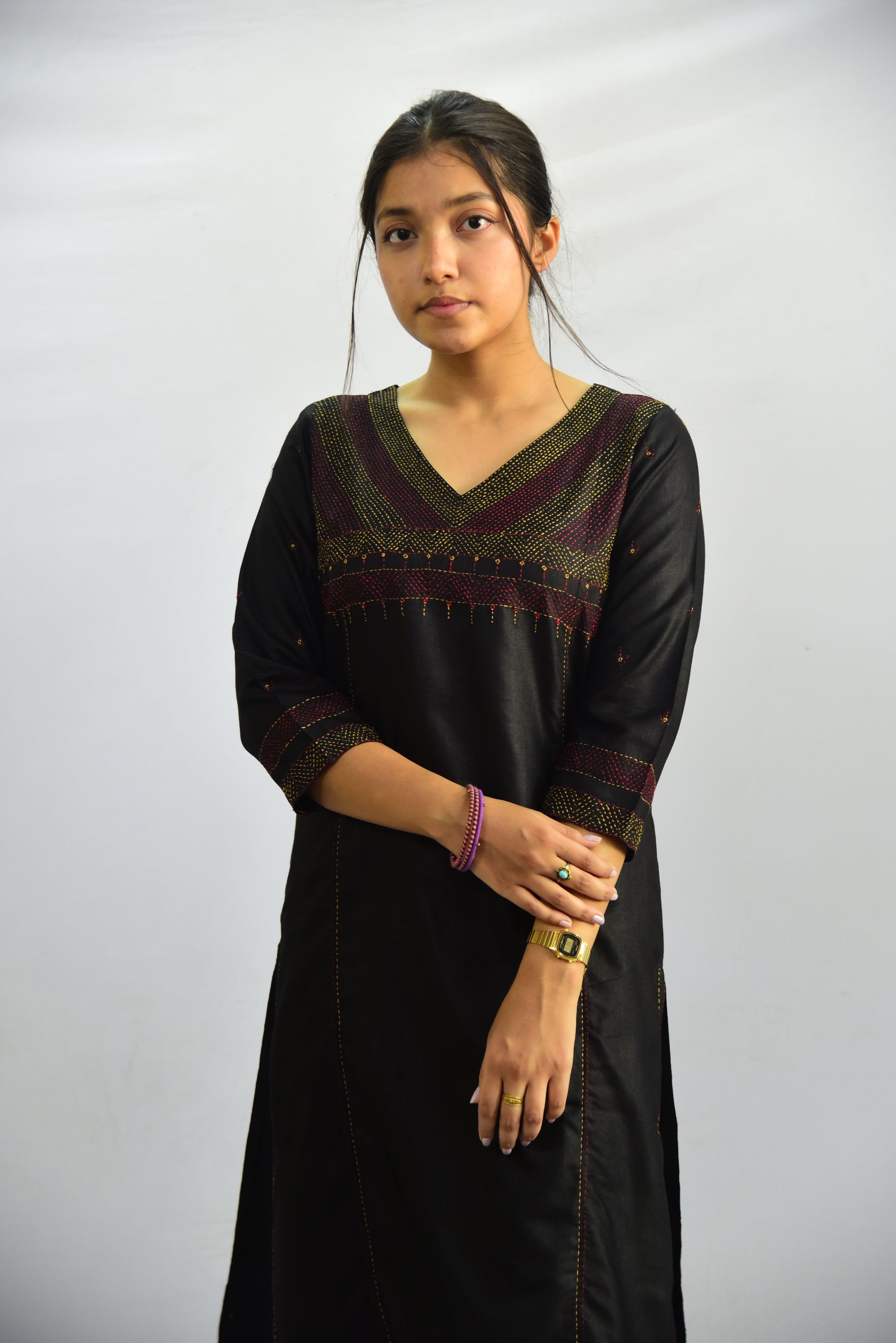 Sadhna 'Aanwati' Black Tanka Work Long Cotton Silk Kurta  VKUSITK21-83