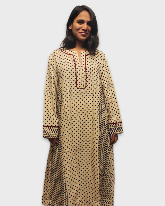 Polka Dot Design Cotton Kurta - Black