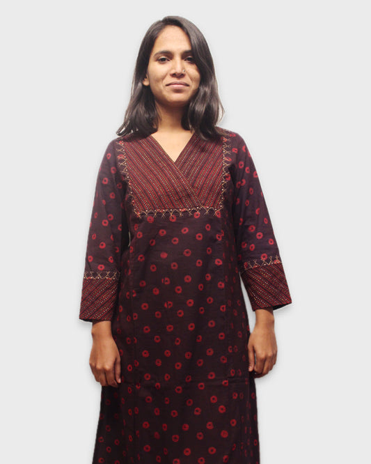 Block Printed Tanka Charm Kurta - Dark Maroon