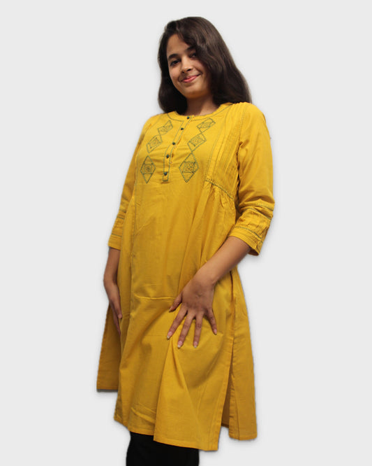 Hand-Embroidered Pintuck Cotton Kurta - Yellow