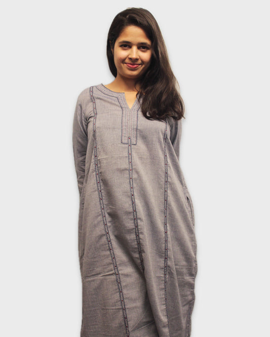 Tanka Chain Stitch Embroidery Kurta - Grey