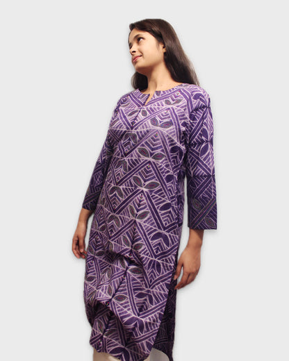 Shibori Dyed Cotton Kurta with Hand Embroidery - Purple