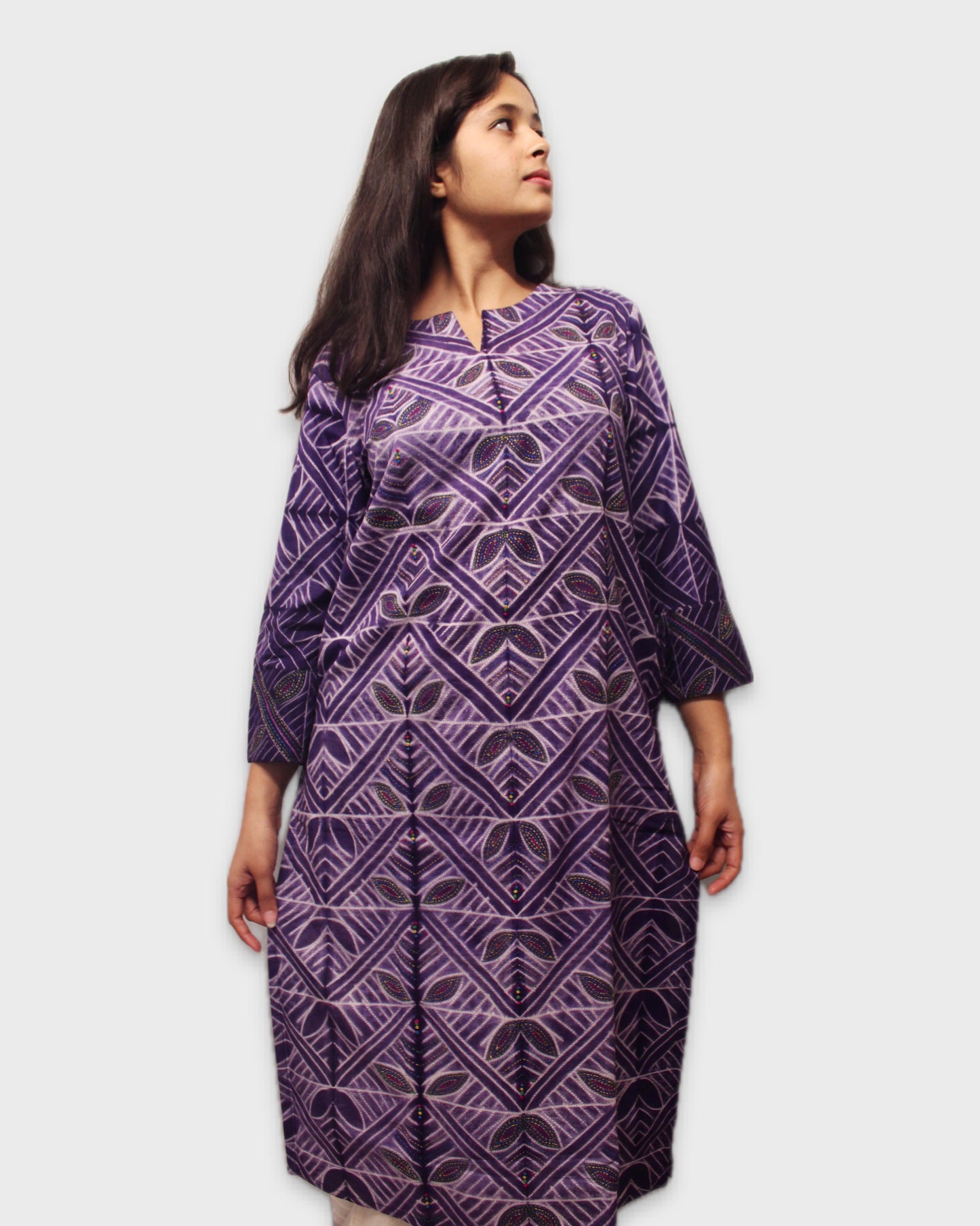 Shibori Dyed Cotton Kurta with Hand Embroidery - Purple