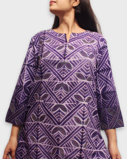 Shibori Dyed Cotton Kurta with Hand Embroidery - Purple