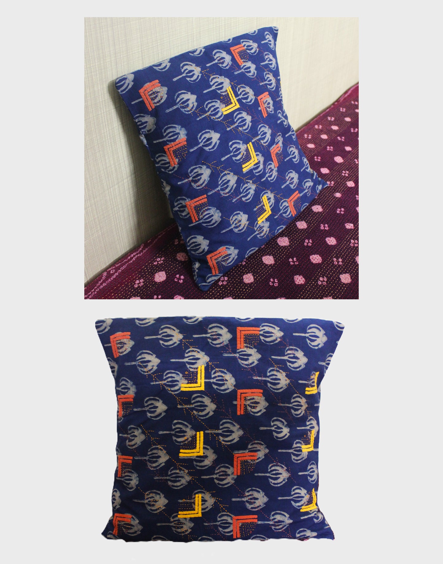 Block Printed Applique Cushion Cover - Blue