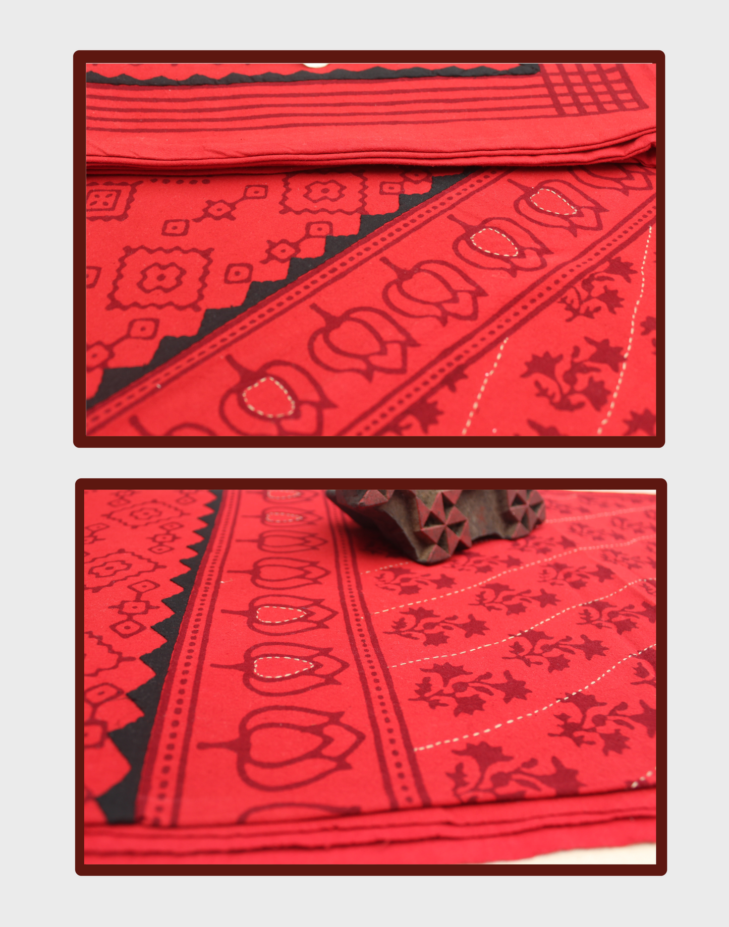 Crimson Charm Block Printed Appliqué Bedsheet - Single