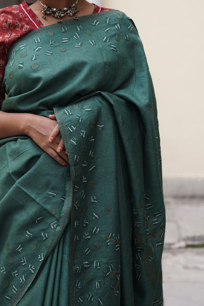 Handcrafted Tree of Life Appliqué Pure Silk Saree