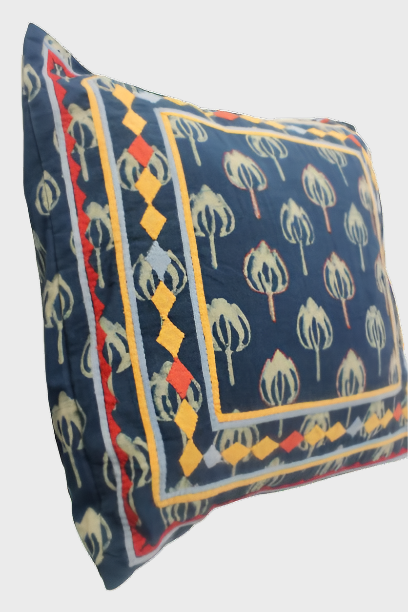 Block Printed Applique Cushion Cover - Blue