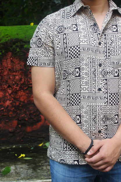 Ajrakh-Inspired Block Print Shirt – White Base with Striking Black Motifs