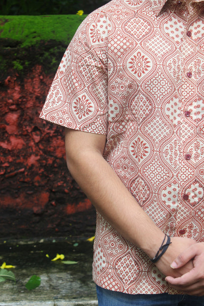 Ajrakh Style Block Printed Cotton Shirt - Red