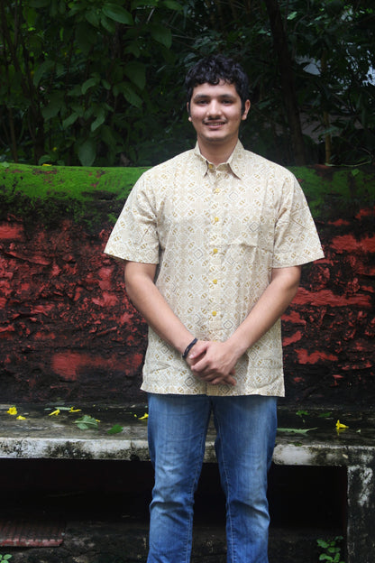 Ajrakh-Inspired Block Print Shirt - Cream
