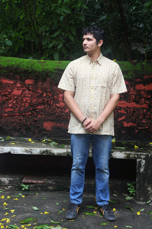 Ajrakh-Inspired Block Print Shirt - Cream