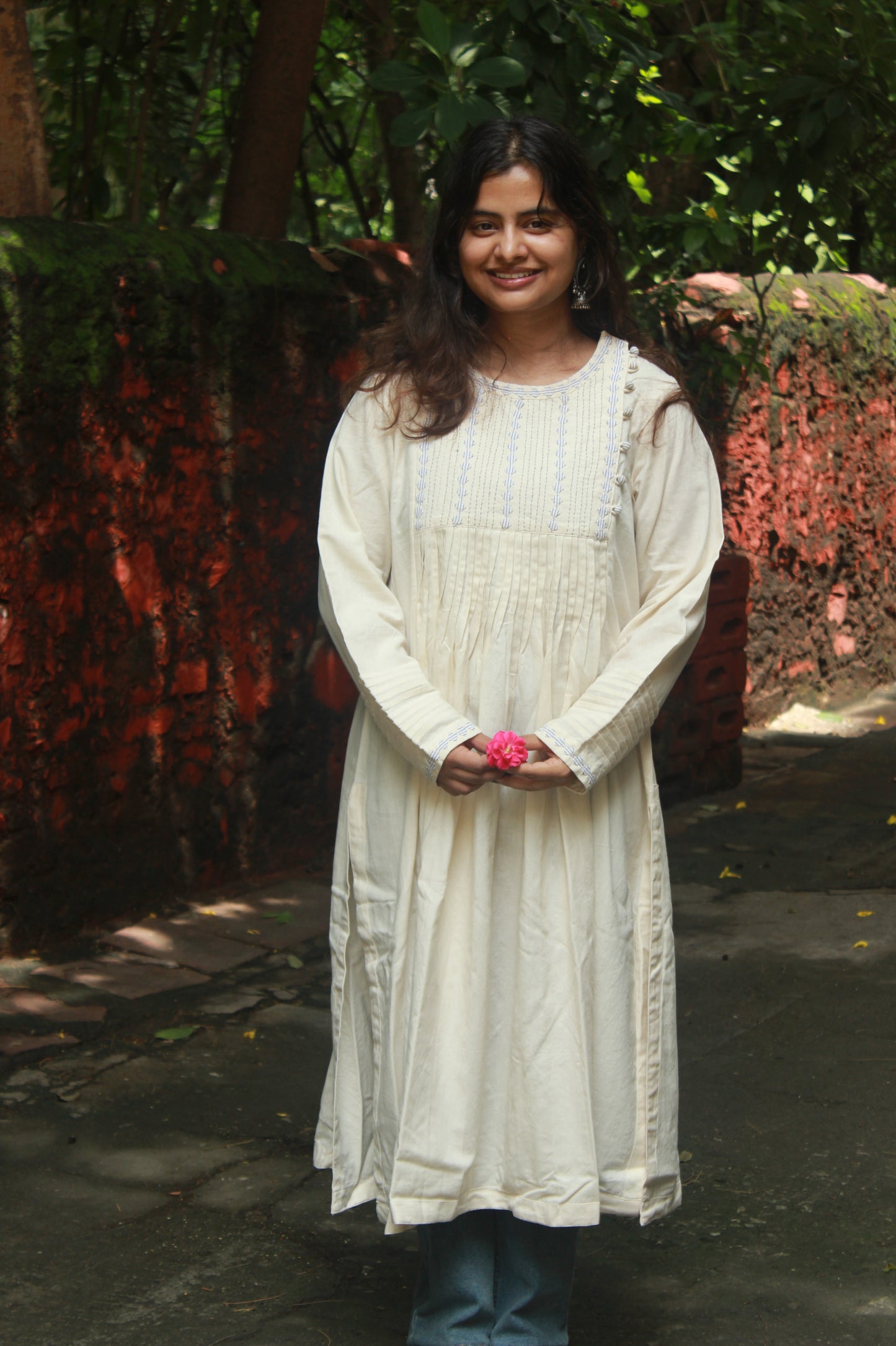 Graceful Threads Pintuck Appliqué Cotton Kurta - Off White