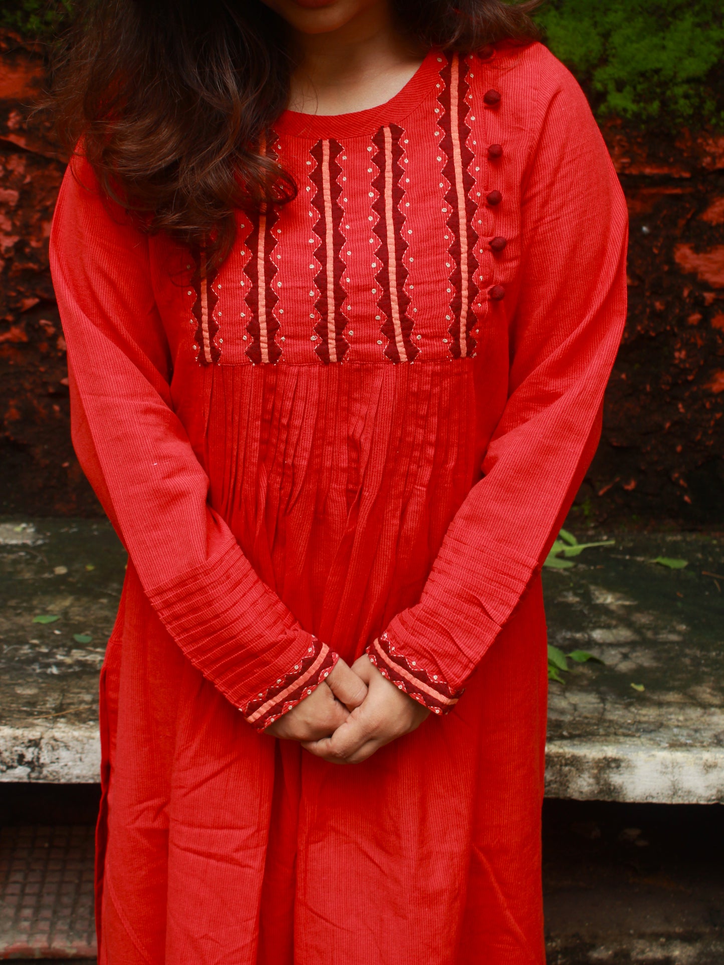 Graceful Threads Pintuck Appliqué Cotton Kurta - Orange