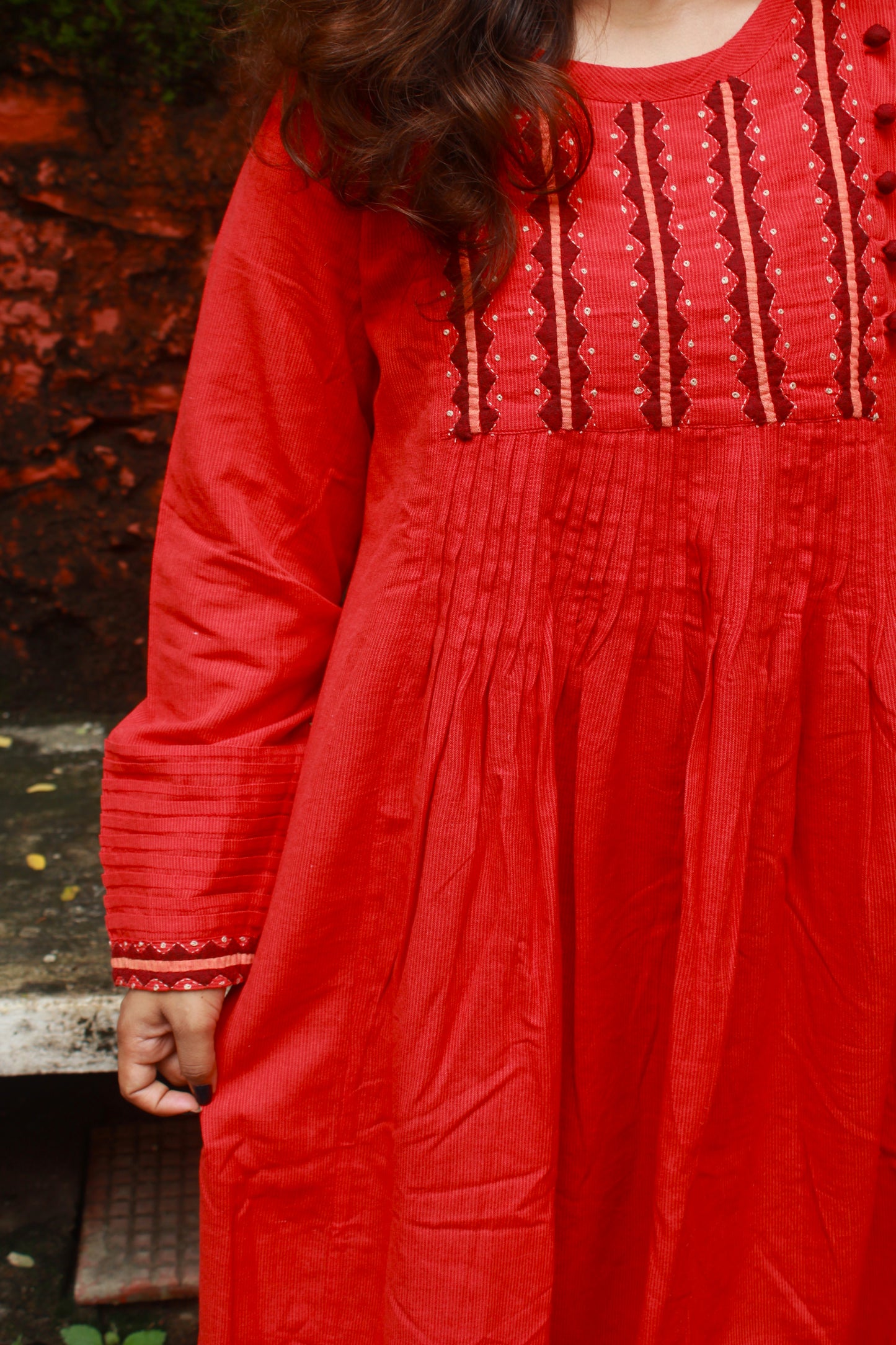 Graceful Threads Pintuck Appliqué Cotton Kurta - Orange