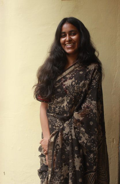 Floral Block Print Saree with Zari