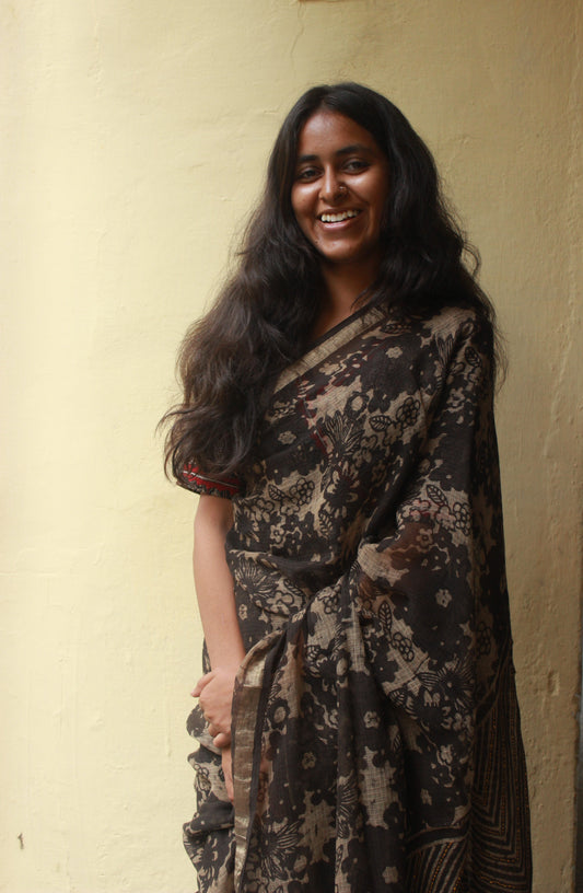 Floral Block Print Saree with Zari