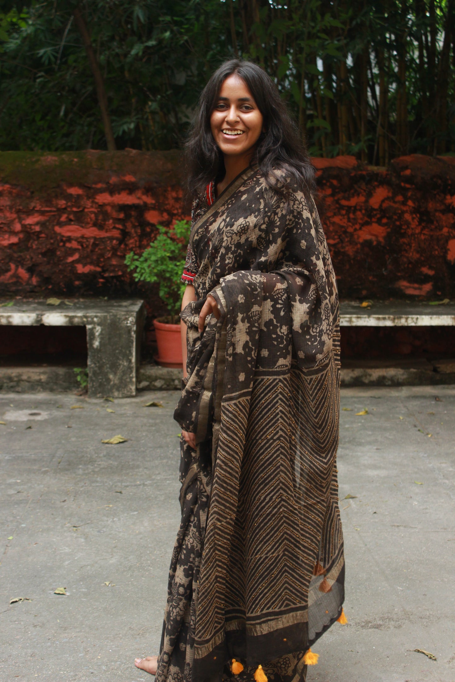 Floral Block Print Saree with Zari