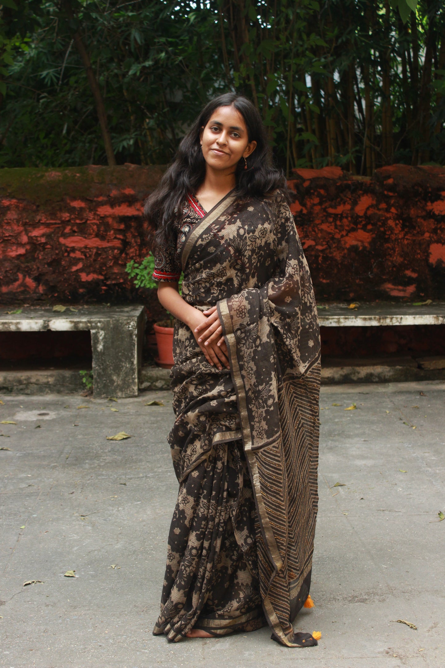 Floral Block Print Saree with Zari