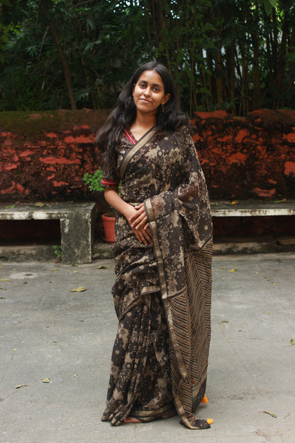 Floral Block Print Saree with Zari