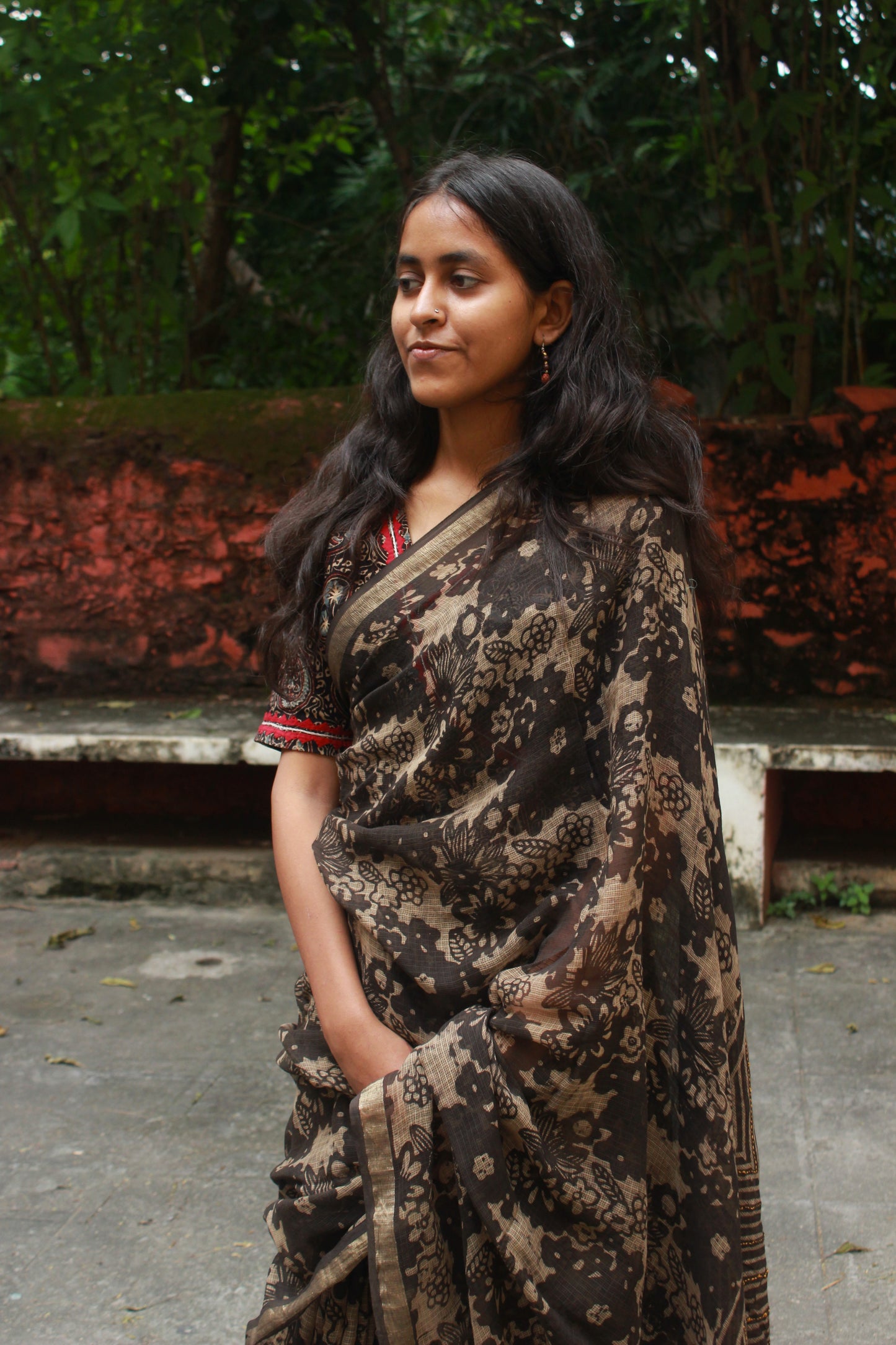 Floral Block Print Saree with Zari