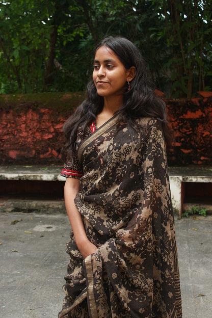 Floral Block Print Saree with Zari