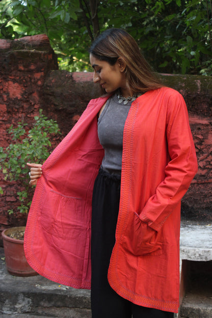 Reversible Long Cotton Jacket - Raspberry Red