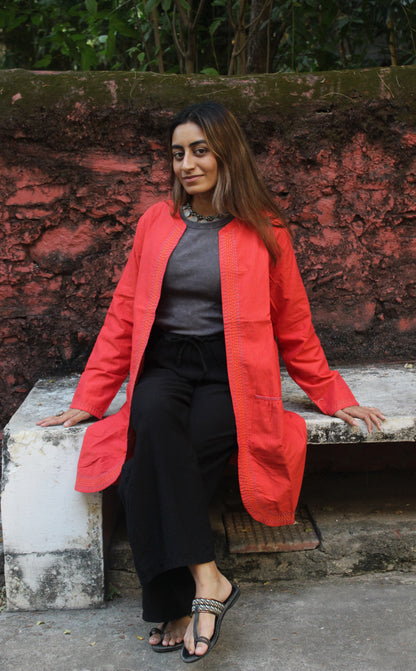 Reversible Long Cotton Jacket - Raspberry Red