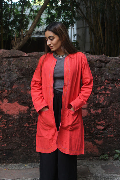 Reversible Long Cotton Jacket - Raspberry Red